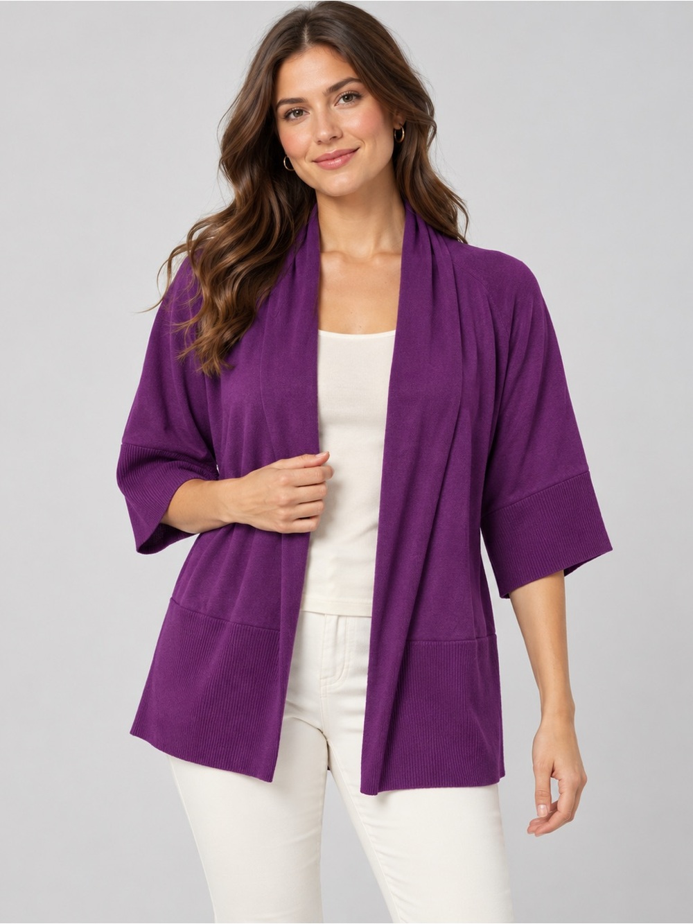 Open-Front Purple Knit Cardigan Sweater